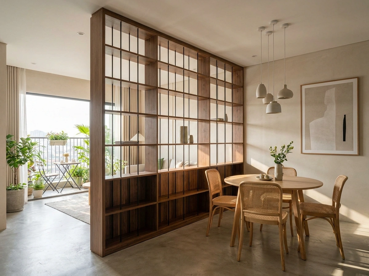 Vách ngăn lam gỗ đa năng của thiết kế nội thất chung cư 100m2