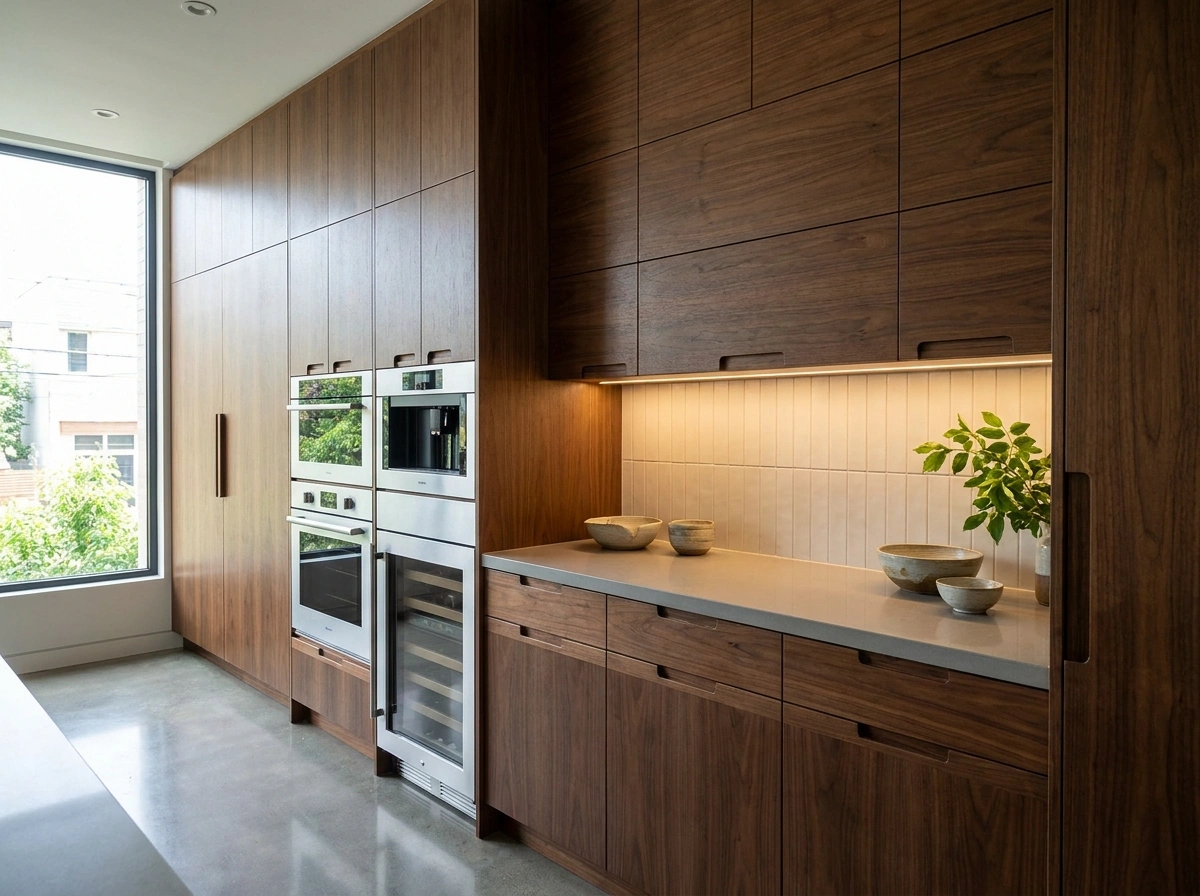 Hệ tủ bếp gỗ óc chó trong thiết kế nội thất chung cư 100m2