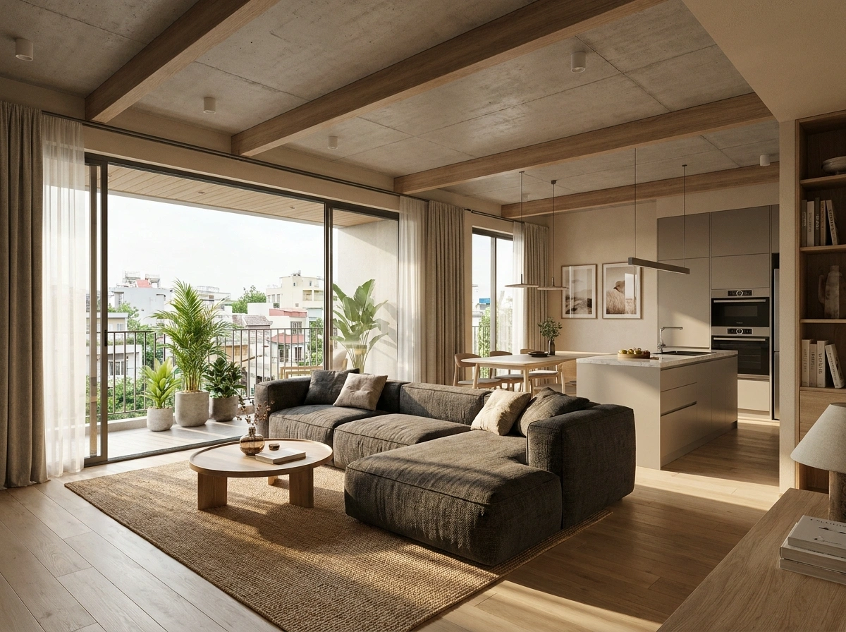 Bố trí phòng khách liền bếp thiết kế nội thất chung cư 100m2