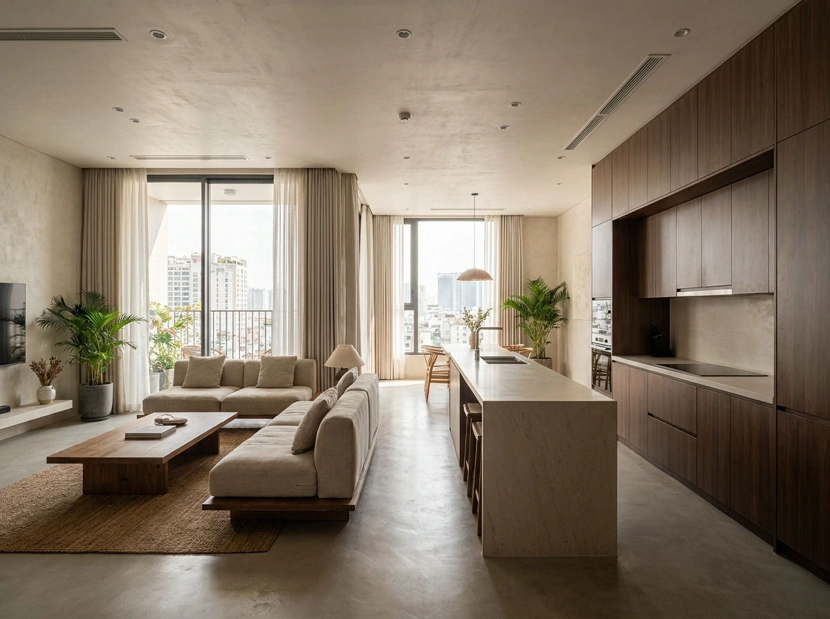 Xu hướng sử dụng trần bê tông thiết kế nội thất chung cư 100m2
