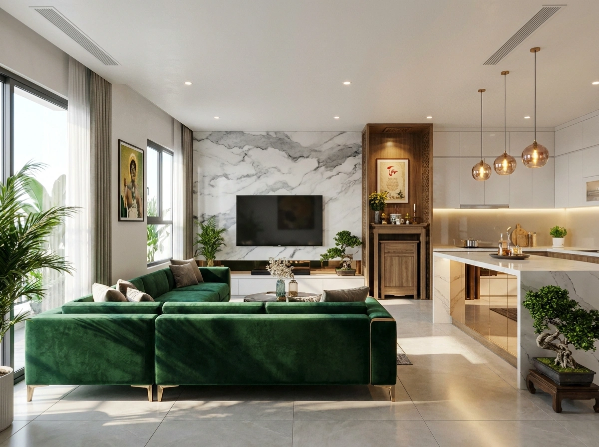 Vách đá marble thông tầng sang trọng thiết kế nội thất chung cư 100m2