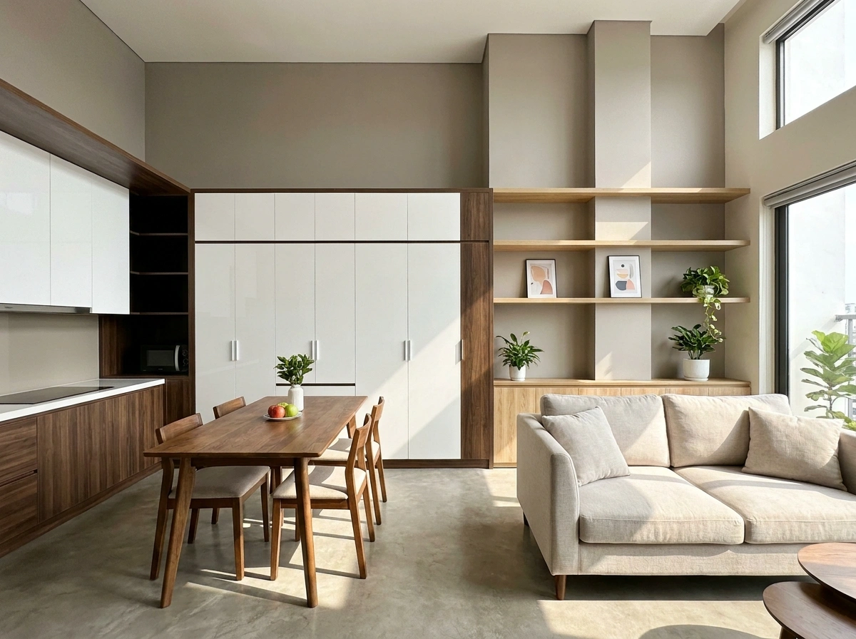Ảnh chụp không gian phòng khách hoặc bếp của căn Duplex tone màu trung tính, tủ kệ gỗ An Cường kịch trần cánh Acrylic bóng gương phẳng phiu, gọn gàng