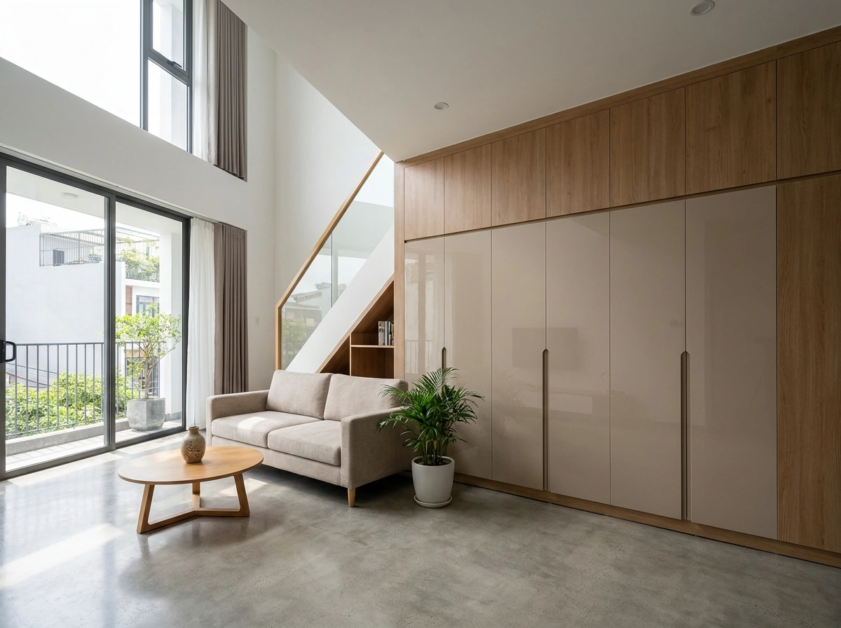 Ảnh chụp không gian phòng khách hoặc bếp của căn Duplex tone màu trung tính, tủ kệ gỗ An Cường kịch trần cánh Acrylic bóng gương phẳng phiu, gọn gàng