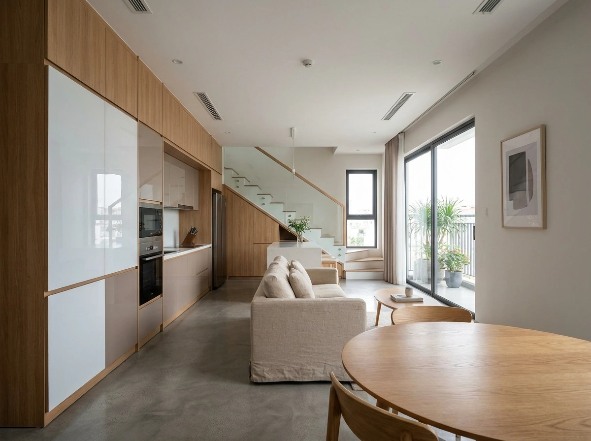 Ảnh chụp không gian phòng khách hoặc bếp của căn Duplex tone màu trung tính, tủ kệ gỗ An Cường kịch trần cánh Acrylic bóng gương phẳng phiu, gọn gàng