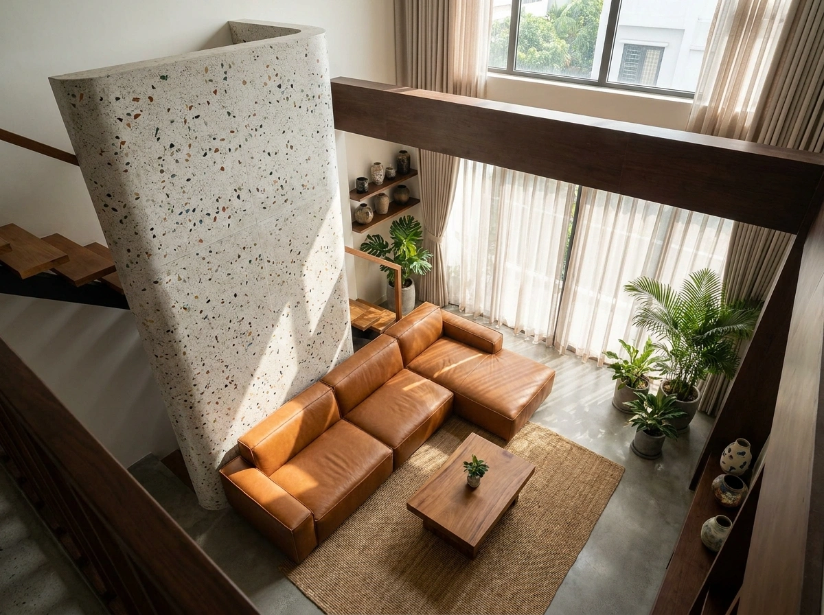 Góc nhìn từ trên cao xuống phòng khách căn Duplex Luxury, nổi bật mảng tường ốp tivi bằng đá nung kết chạy dọc thông tầng cực kỳ bề thế và bộ sofa da hoành tráng
