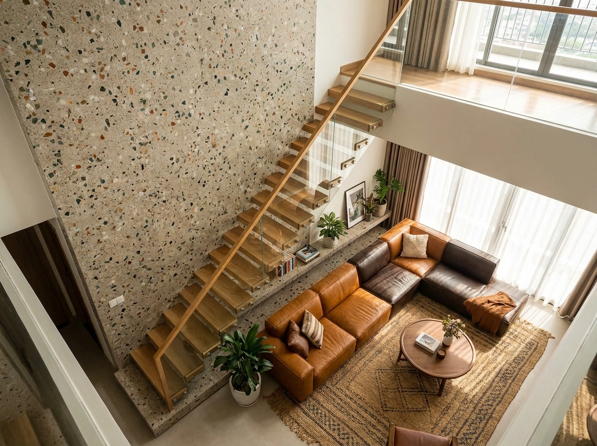 Góc nhìn từ trên cao xuống phòng khách căn Duplex Luxury, nổi bật mảng tường ốp tivi bằng đá nung kết chạy dọc thông tầng cực kỳ bề thế và bộ sofa da hoành tráng