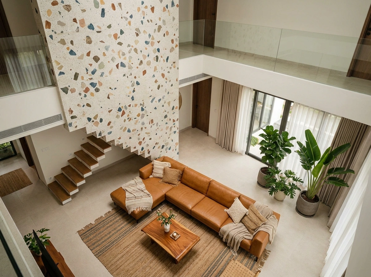 Góc nhìn từ trên cao xuống phòng khách căn Duplex Luxury, nổi bật mảng tường ốp tivi bằng đá nung kết chạy dọc thông tầng cực kỳ bề thế và bộ sofa da hoành tráng