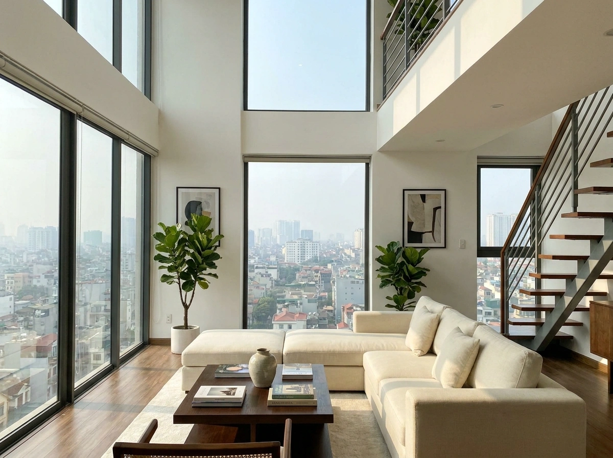 Ảnh chụp thực tế phòng khách căn hộ Duplex có khoảng thông tầng cao, cửa kính lớn nhìn ra toàn cảnh thành phố ban ngày
