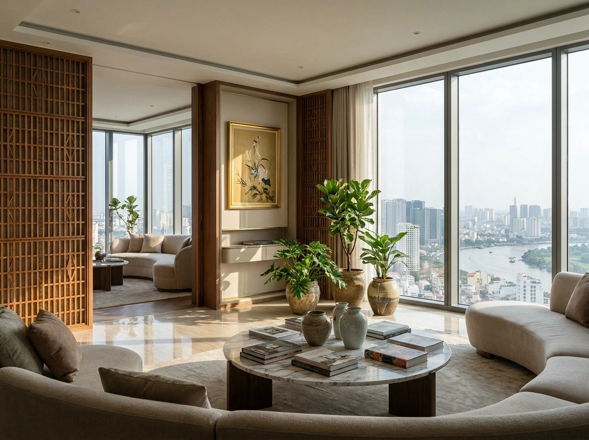 Không gian tiếp khách sang trọng trong thiết kế nội thất penthouse