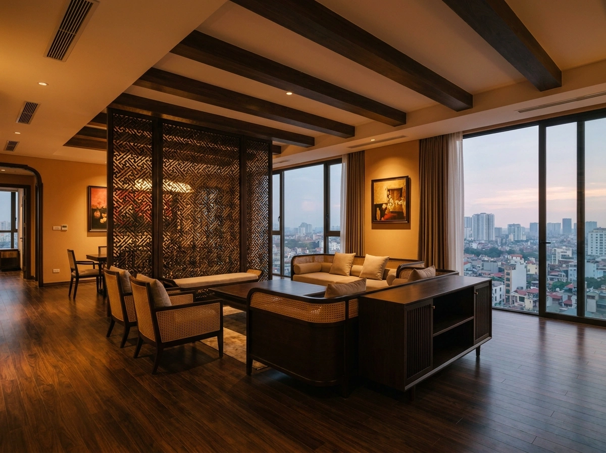 Vách ngăn gỗ chạm khắc tinh xảo khi thiết kế nội thất penthouse