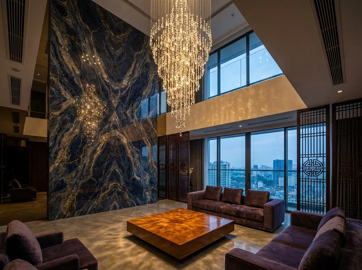 Vách đá marble tự nhiên quyền lực của thiết kế nội thất penthouse