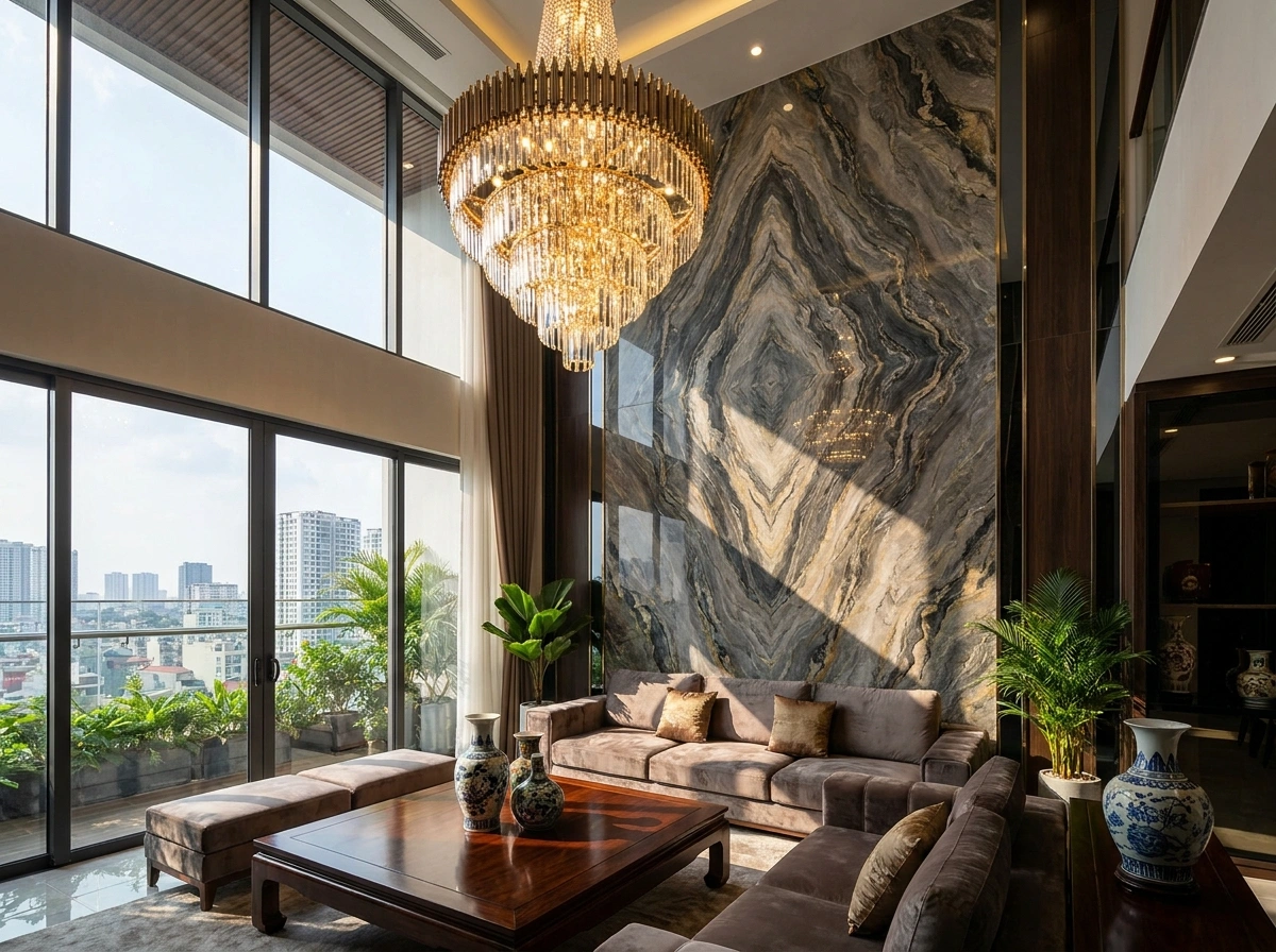 Mảng tường đá xuyên sáng đắt giá trong thiết kế nội thất penthouse