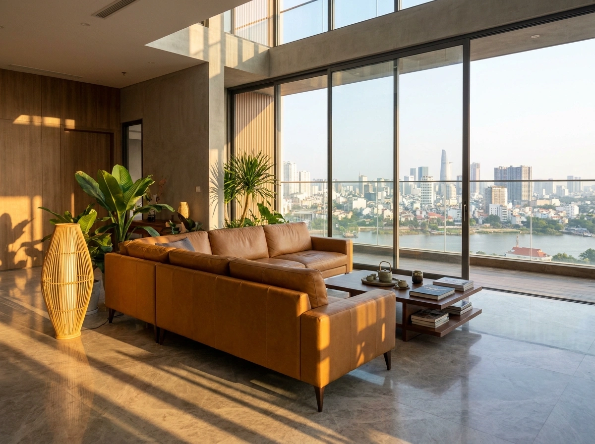 Sofa da bò cao cấp tạo điểm nhấn cho thiết kế nội thất penthouse