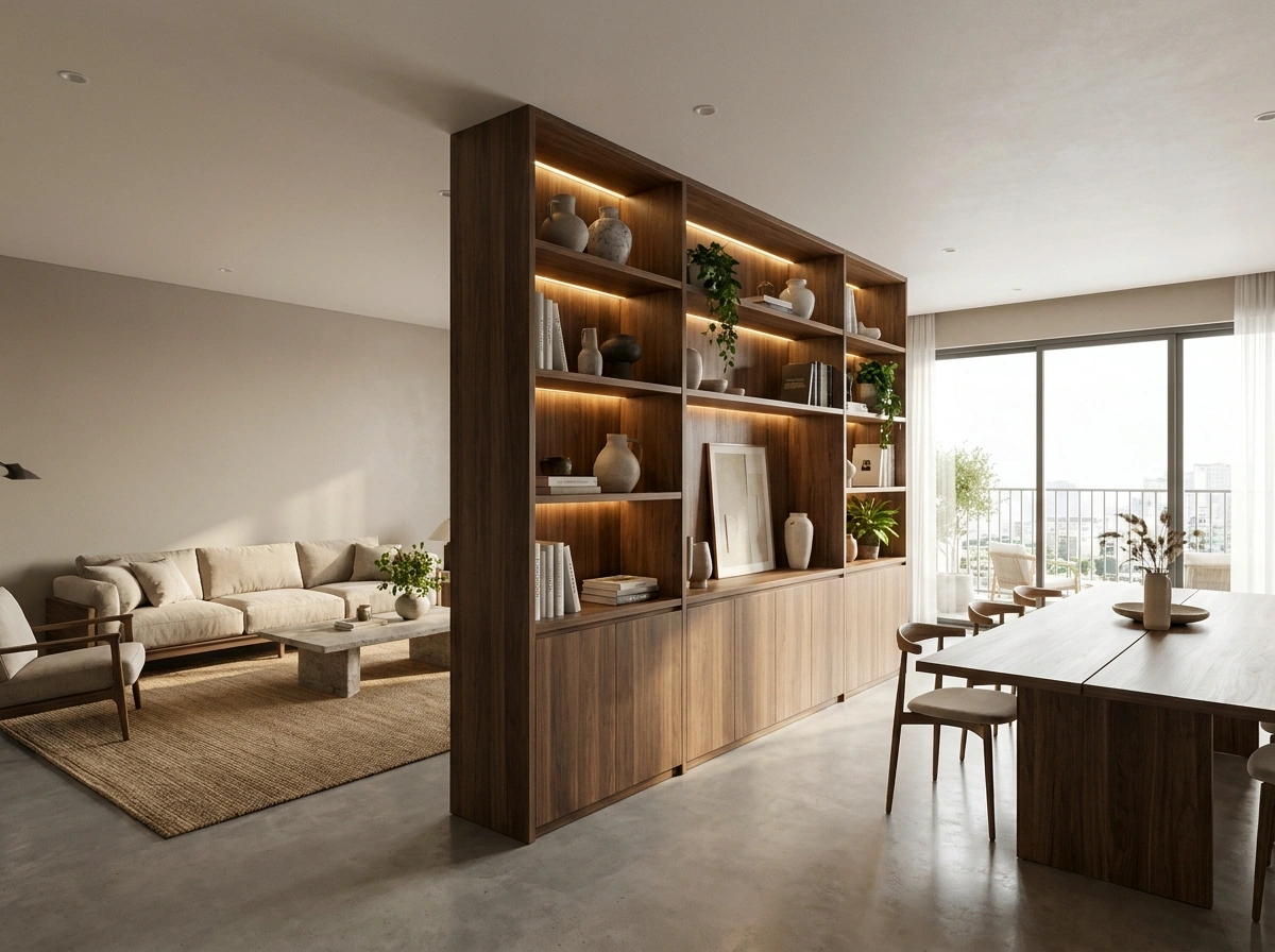 Kệ gỗ phân chia không gian trong thiết kế nội thất penthouse