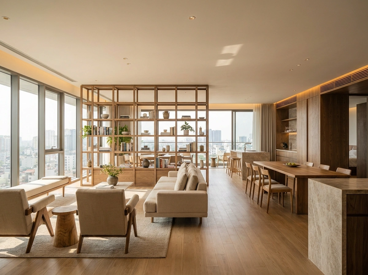 Toàn cảnh không gian sinh hoạt chung thiết kế nội thất penthouse