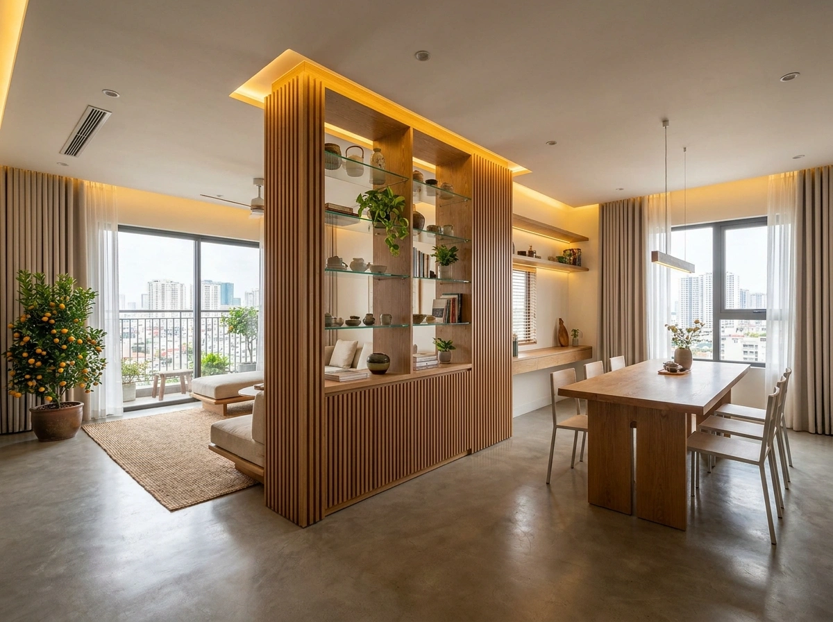 Vách ngăn lam gỗ linh hoạt trong thiết kế nội thất penthouse