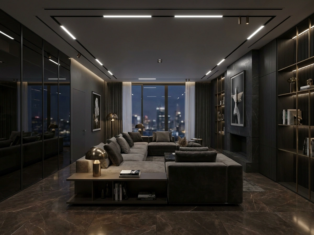 Hệ đèn ray nam châm hiện đại của thiết kế nội thất penthouse