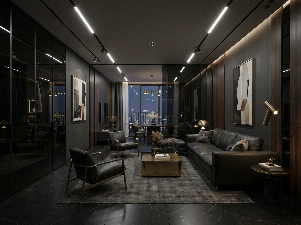 Vách kính đen bóng sang trọng trong thiết kế nội thất penthouse