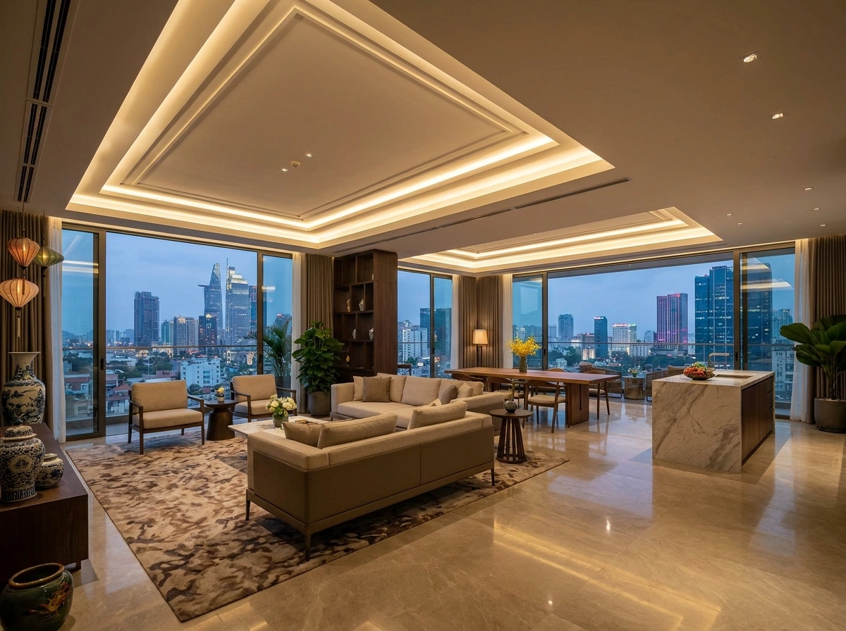 Hệ đèn trần thạch cao hiện đại khi thiết kế nội thất penthouse