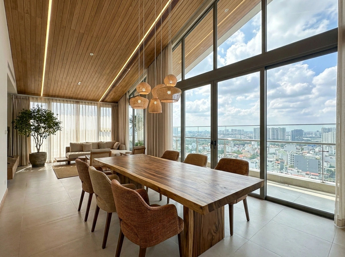 Bàn ăn gỗ nguyên khối bề thế khi thiết kế nội thất penthouse