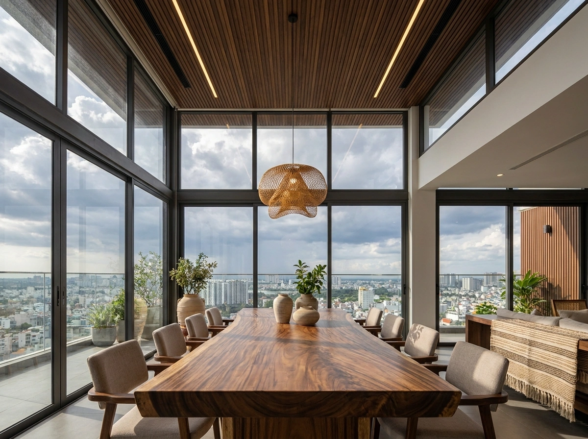 Trần ốp gỗ tự nhiên cao cấp của thiết kế nội thất penthouse