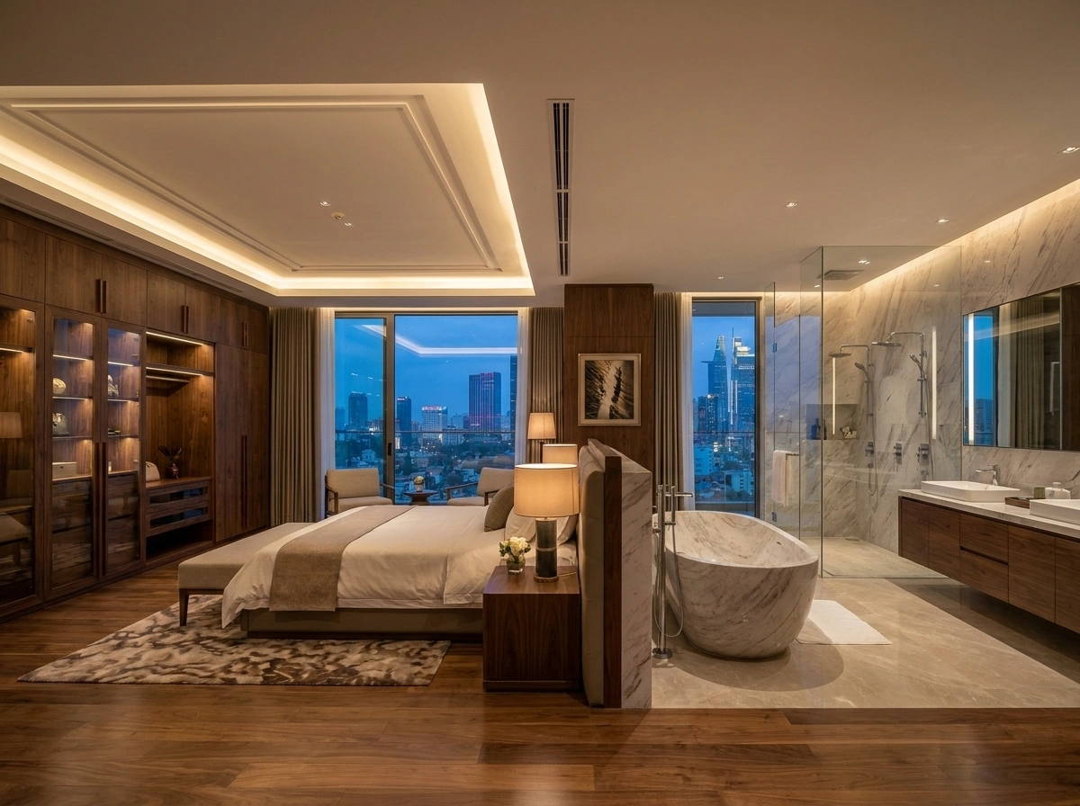 Phòng ngủ master tích hợp bồn tắm trong thiết kế nội thất penthouse