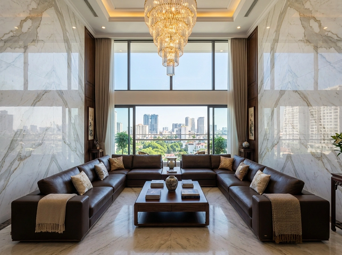Vách đá marble thông tầng xa hoa trong thiết kế nội thất penthouse