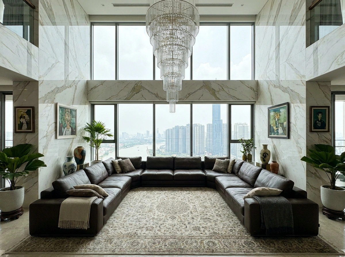 Phòng khách thông tầng đẳng cấp của thiết kế nội thất penthouse