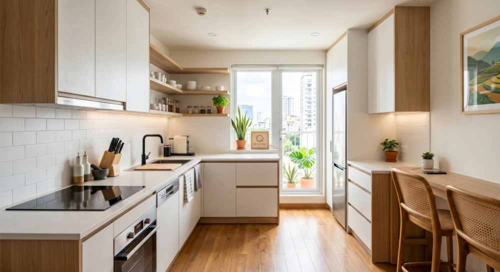 Tối Ưu Công Năng Tủ Bếp Chung Cư Nhỏ Tiện Nghi Khép Kín