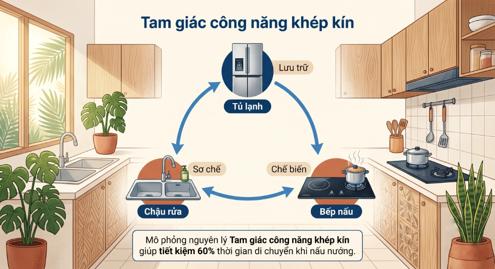 Mô phỏng nguyên lý tam giác hoạt động trong bếp khép kín giúp tối ưu diện tích bếp chung cư nhỏ.