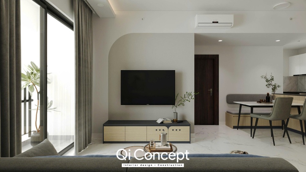 Thiết kế phòng khách căn hộ Habitat 2 phòng ngủ mở liên thông thông thoáng
