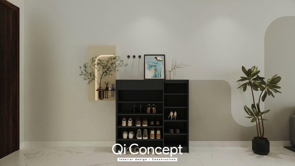 Góc nhìn tủ bếp kịch trần kết nối lối lưu thông nhà vệ sinh