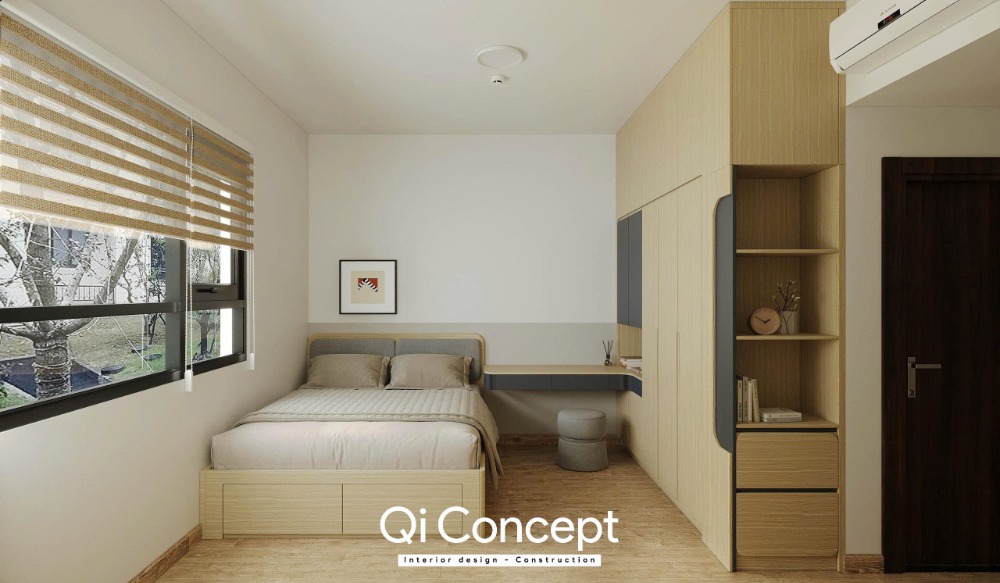 Toàn cảnh không gian phòng ngủ Master lát sàn gỗ ấm cúng tại căn hộ Habitat