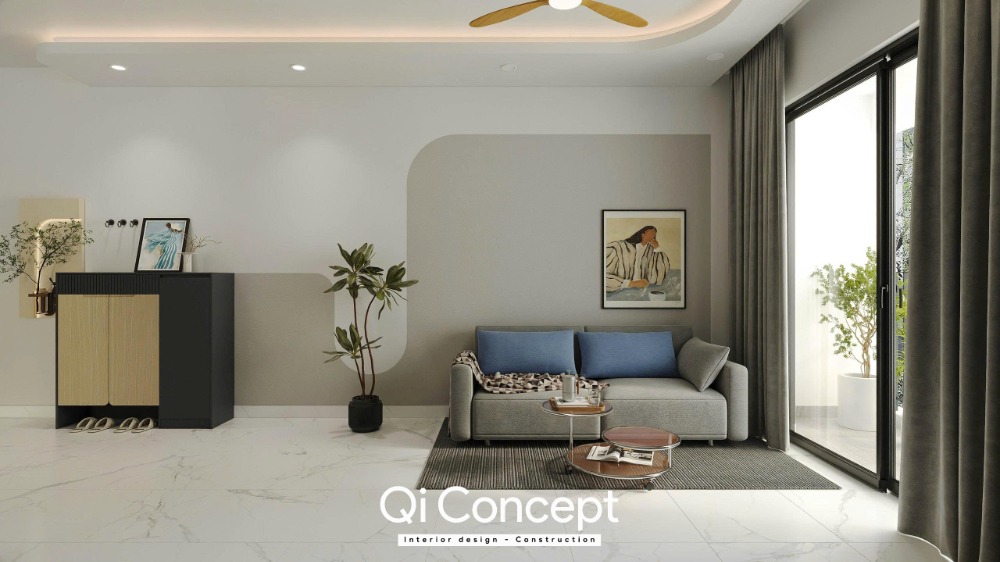 Mảng vách tivi sơn bo cong xám pastel kết hợp kệ gỗ bệt sát sàn