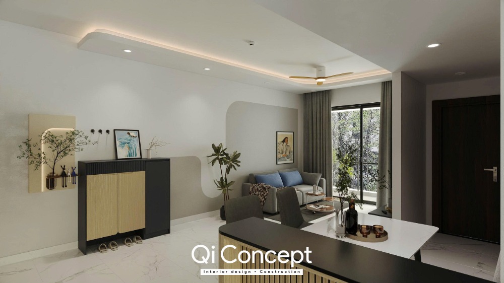Góc sảnh vào căn hộ trang bị hệ tủ giày kịch trần kết hợp vách hắt sáng