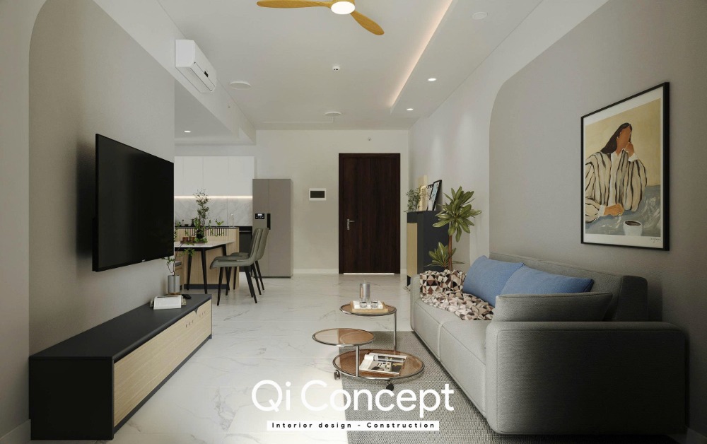 Góc nhìn từ bàn ăn hướng ra phòng khách căn hộ Habitat 2 phòng ngủ