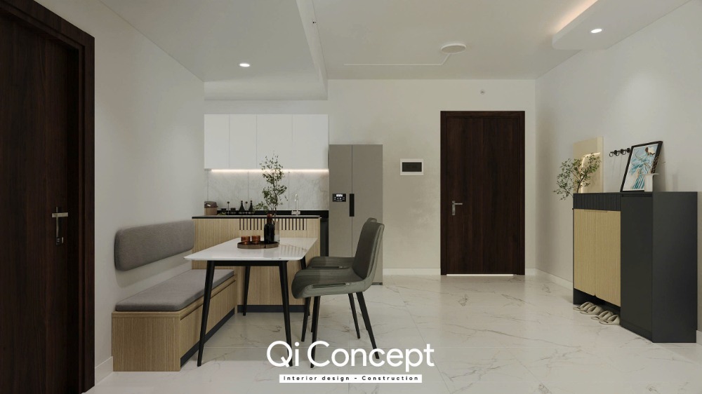 Góc chụp cận cảnh bàn ăn mặt đá thạch anh nhân tạo kết hợp ghế bọc da