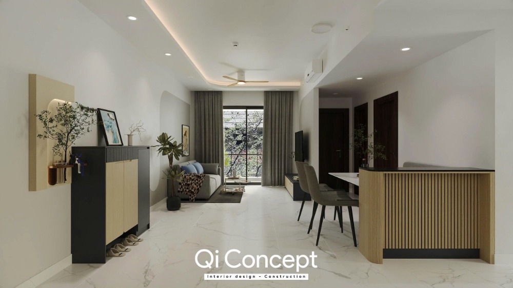 Đảo bếp nhỏ trang trí nan lam gỗ sọc dọc phân chia không gian ăn uống