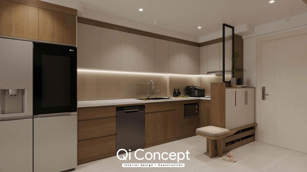 Phối cảnh bàn ăn và mảng TV trong căn hộ Prosper Plaza 70m²