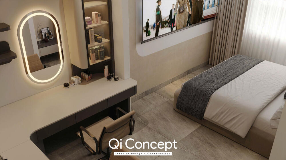 Phối cảnh bàn trang điểm có gương bo tròn trong phòng master Prosper Plaza