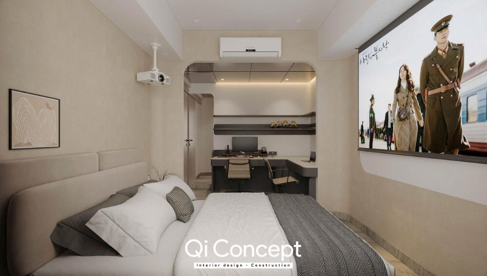 Phối cảnh giường ngủ và góc làm việc căn hộ Prosper Plaza