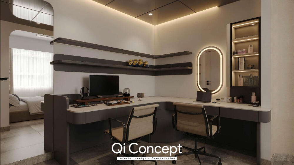 Phối cảnh góc làm việc hai chỗ ngồi trong phòng master Prosper Plaza
