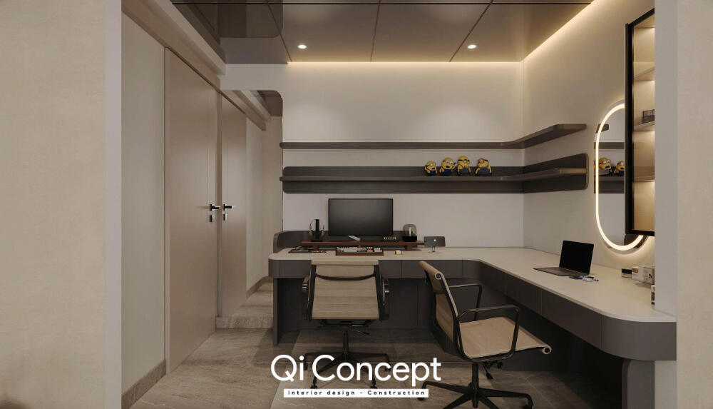 Phối cảnh hệ bàn và kệ treo phòng master căn hộ Prosper Plaza