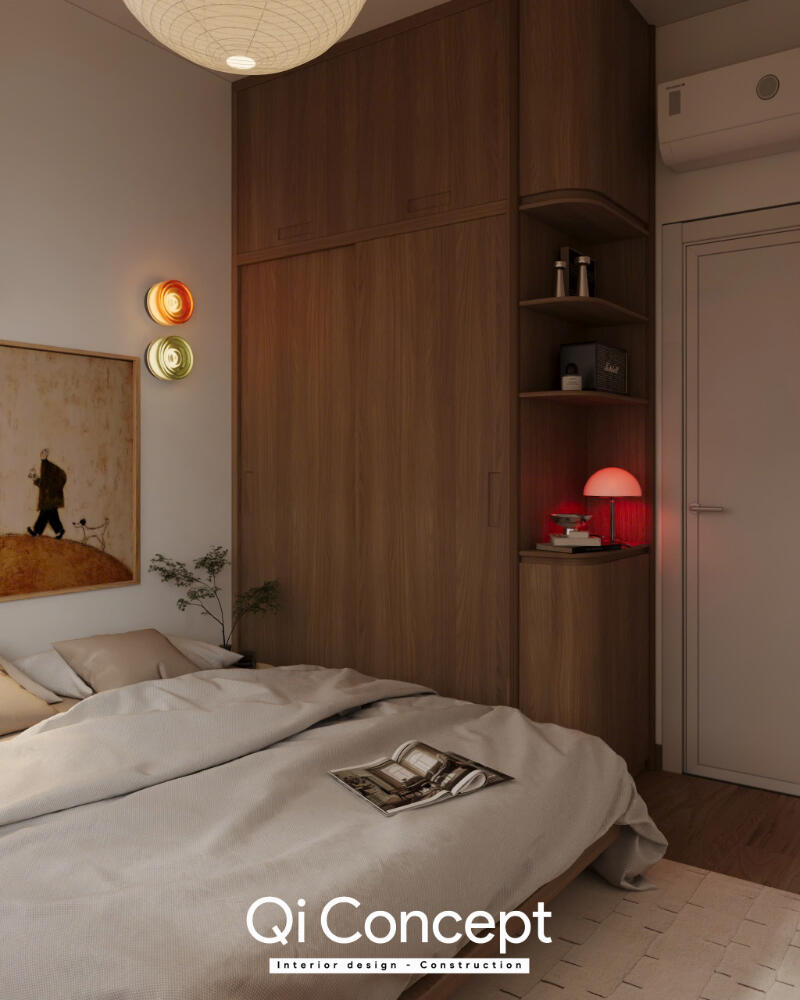 Phối cảnh hệ tủ vân gỗ trong phòng ngủ Masteri 80m2
