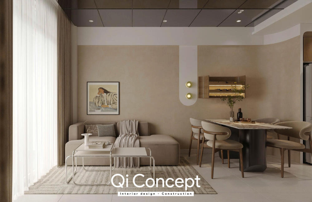 Phối cảnh phòng khách Prosper Plaza với sofa và bàn ăn bốn ghế