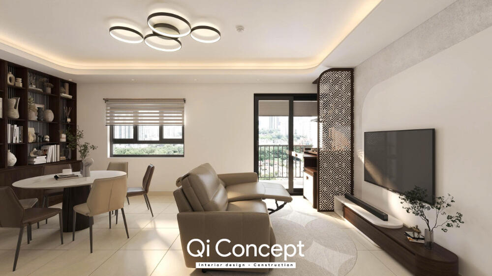 Phòng khách Topaz Twins với sofa màu be và mảng TV gọn