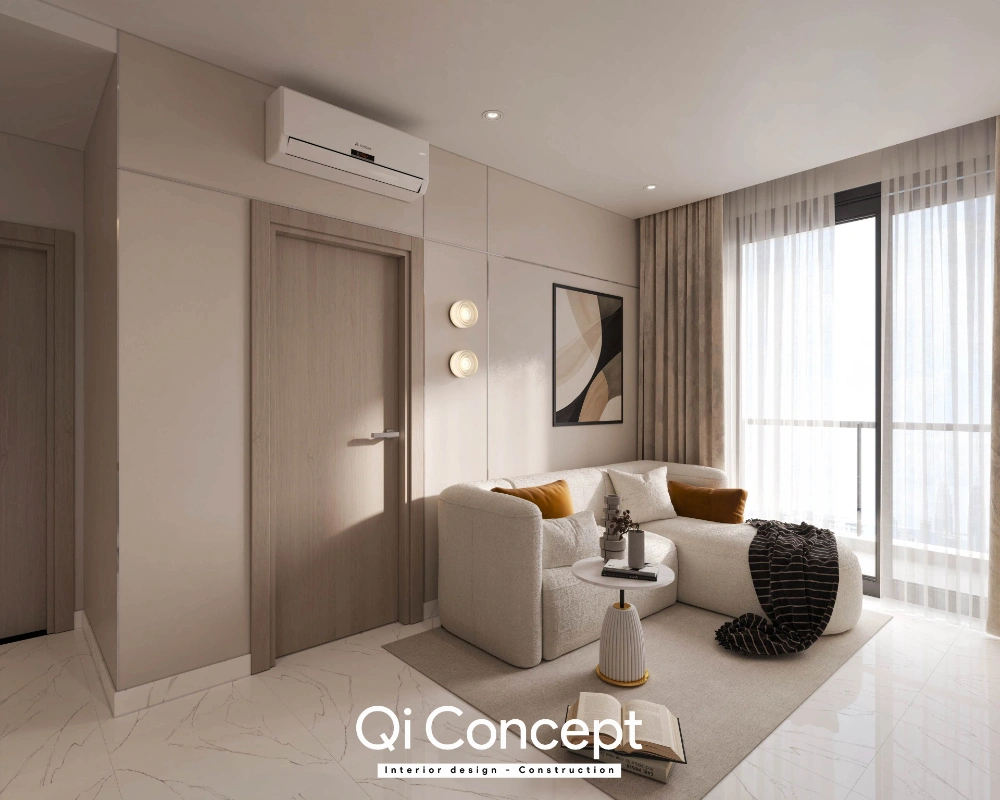 Phòng khách căn hộ D Aqua 2PN với sofa bo cong