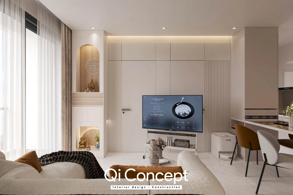 Hệ tivi và khu thờ trong căn hộ D Aqua 71m2