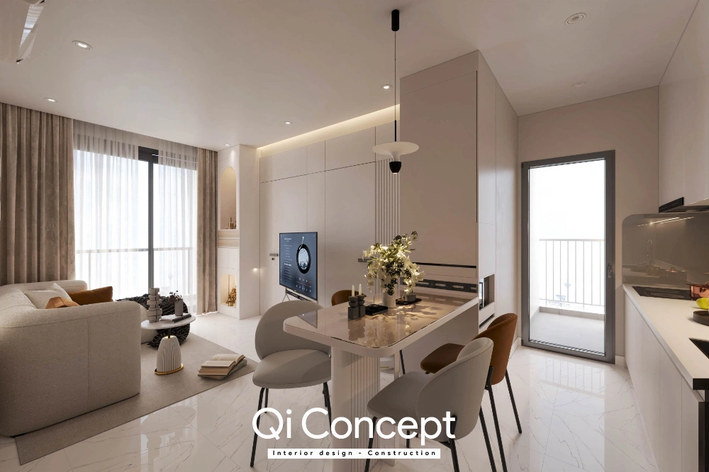 Không gian bếp ăn liên thông căn hộ D Aqua 71m2