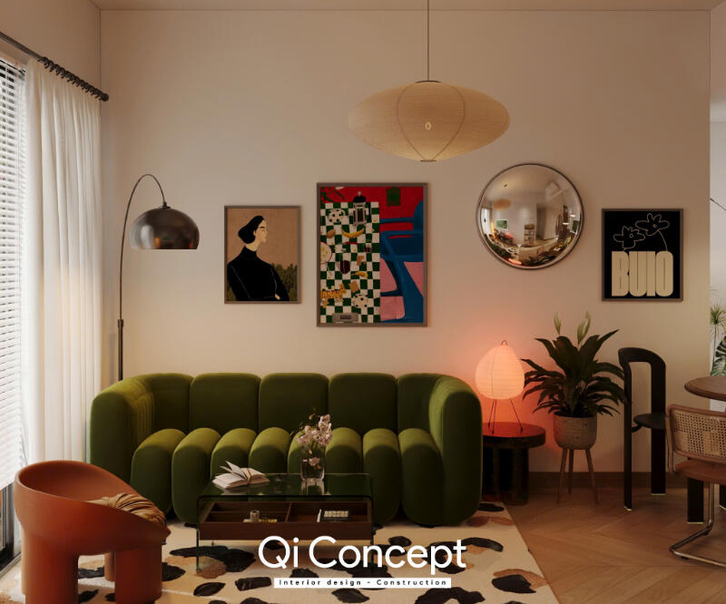Phối cảnh thiết kế nội thất Masteri 80m2 phong cách Eclectic tại phòng khách